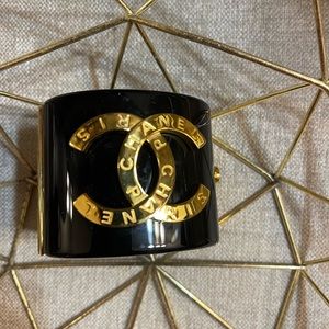 Chanel CC Black Resin Gold Tone Wide Cuff Bracelet 17.5 cm